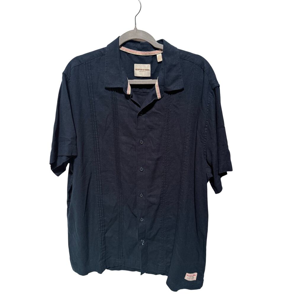 Scotch & Soda Camp Shirt Men's XL Dark Blue Linen Blend Short Sleeve